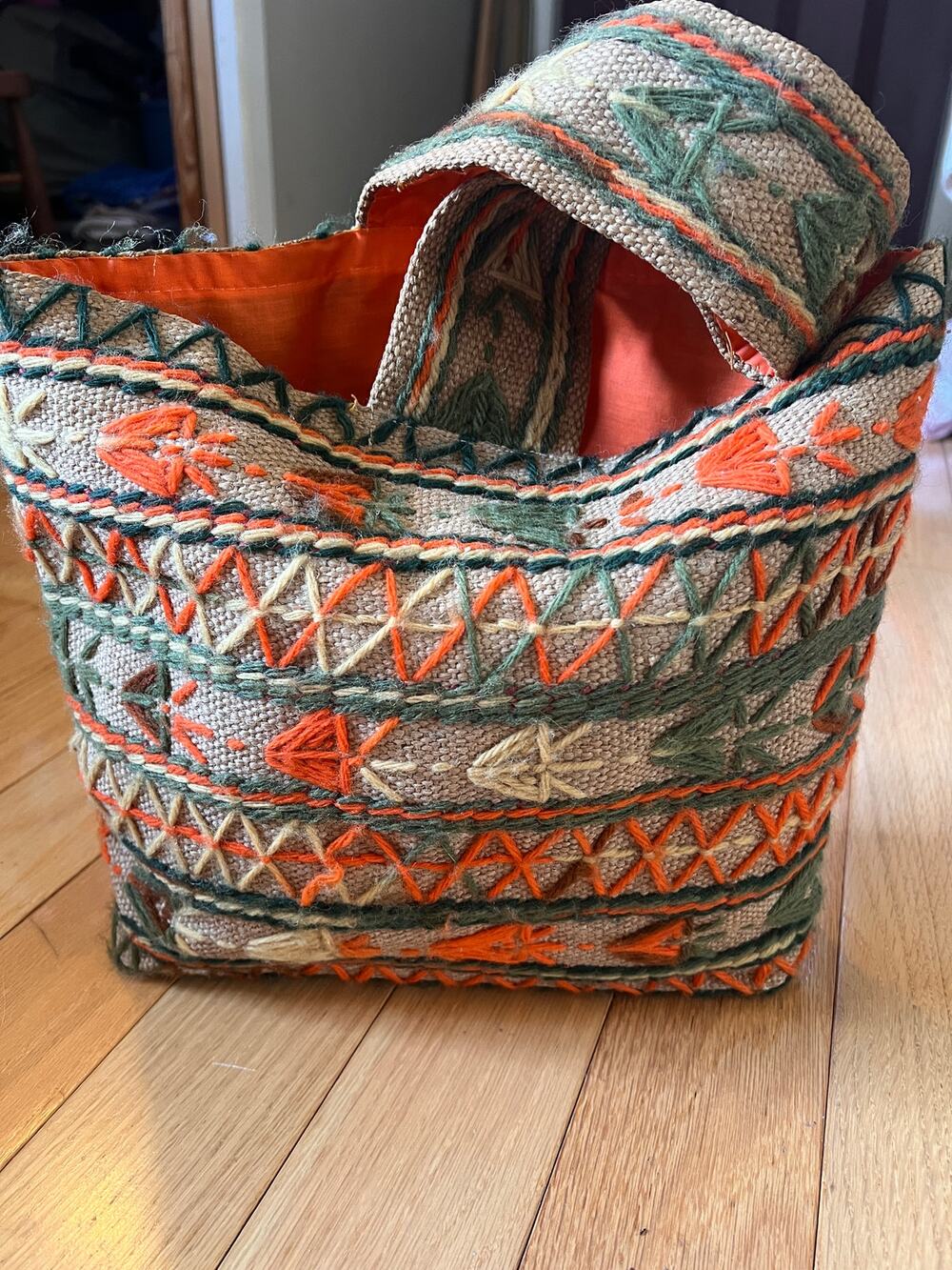 Vintage Embroidered Burlap Tote Bag Boho Folk Art Jute Hippie Festival Purse